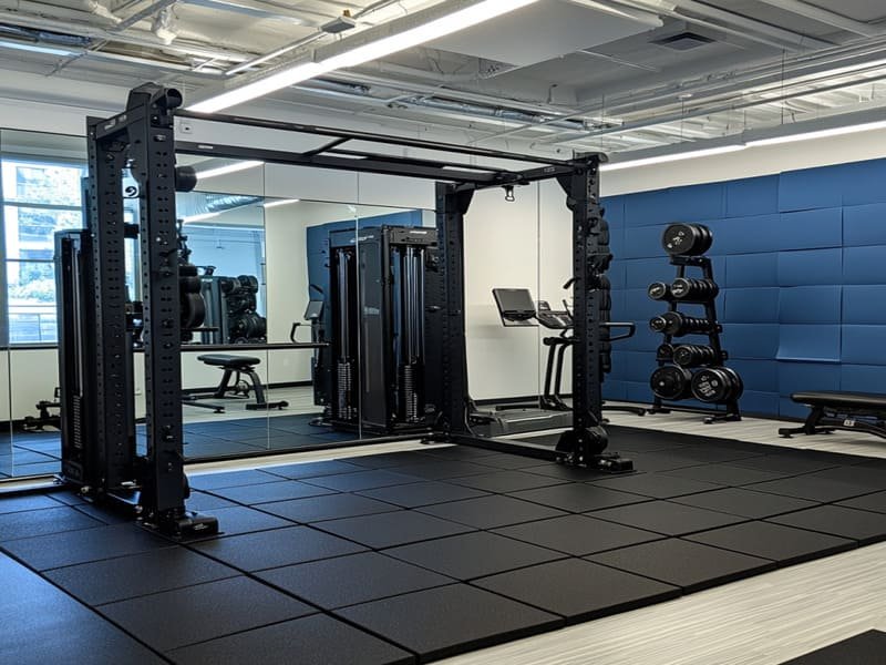 Certified low VOC rubber flooring roll being installed in a basement gym